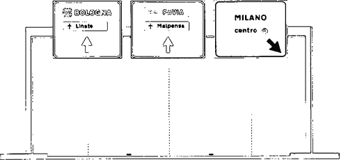Fig. II 247 — SEGNALI DI CORSIA CON FUNZIONE DI PRESELEZIONE E DI DIREZIONE