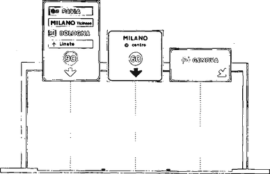Fig. II 252 — SEGNALI DI CORSIA CON FUNZIONE DI DIREZIONE CON LE MODALITÀ PER L'UTILIZZO DELLE SINGOLE CORSIE