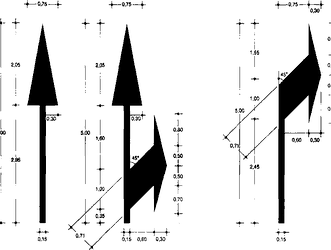 Fig. II 438/b — FORMA E DIMENSIONI DELLE FRECCE DIREZIONALI