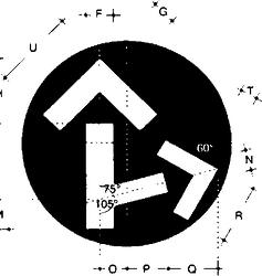 Fig. II 451 — DIMENSIONI E POSSIBILI ANGOLAZIONI DELLE FRECCE DI UNA LANTERNA VEICOLARE DI CORSIA