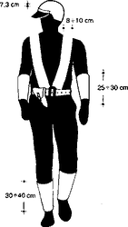 Fig. II 475/b — CASCO DA MOTOCICLISTA CON FASCIA, CINTURA, FONDINA, MANICOTTI E GAMBALI RIFRANGENTI