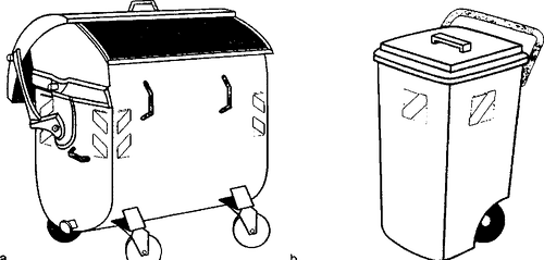 Fig. II 479 — DISPOSITIVI RIFRANGENTI PER EVIDENZIARE LA PRESENZA DI CASSONETTI PER LA RACCOLTA DEI RIFIUTI
